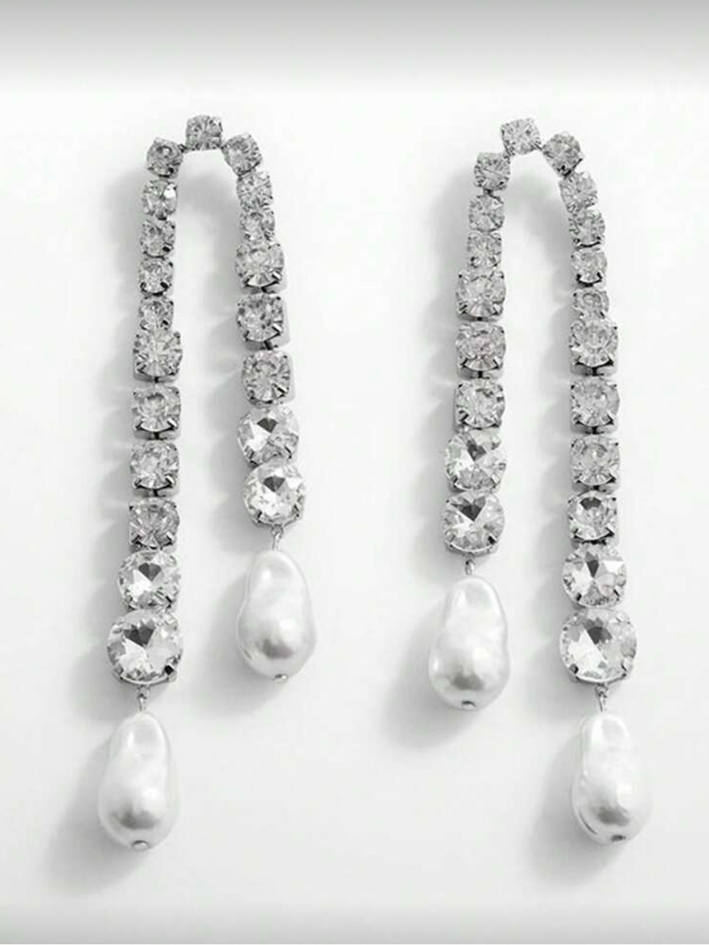 Clear Crystal and White Pearl Linear Drop Earrings